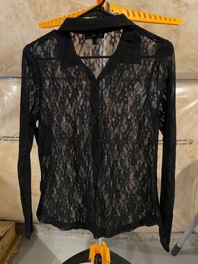 Black Lace Long-Sleeve Button-Front Top